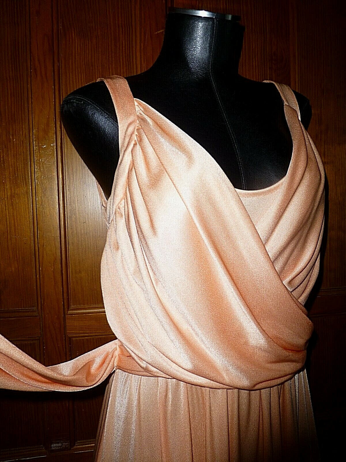 Vtg 70s Peach Silky Jersey Knit Grecian Boho Cocktail Evening Wedding maxi Dress