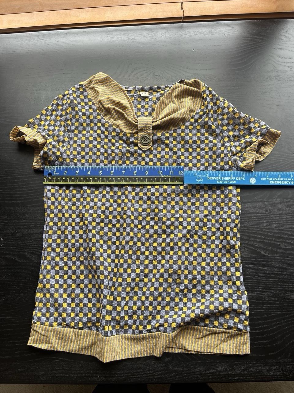 Quirky Vintage Size L Yellow & Black Mixed Pattern Cowl Neck Button Textured Top