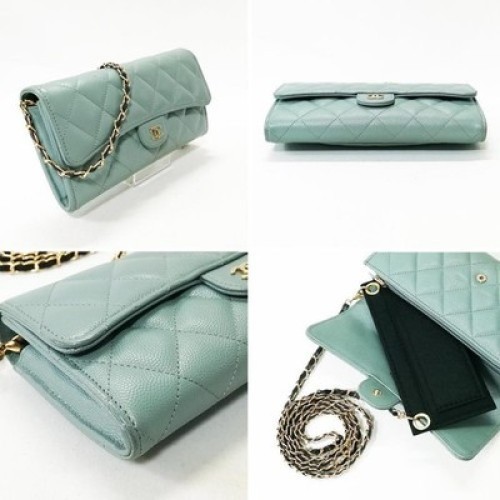 CHANEL Caviar Skin Green Leather Matelasse Long Wallet with Chain Strap