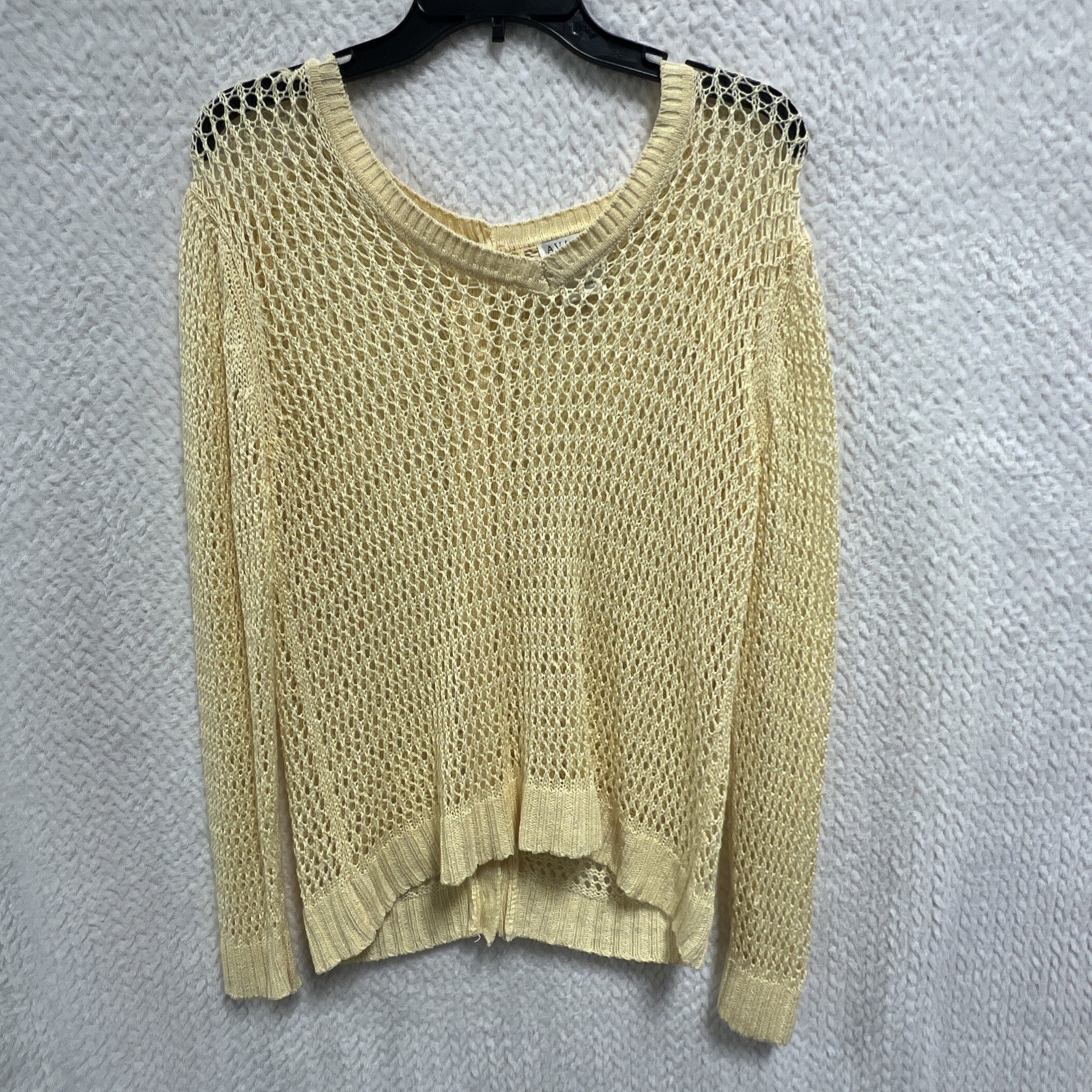 Avalin Yellow Open Weave Mesh Sweater Linen Blend Button Back Boho Coastal L