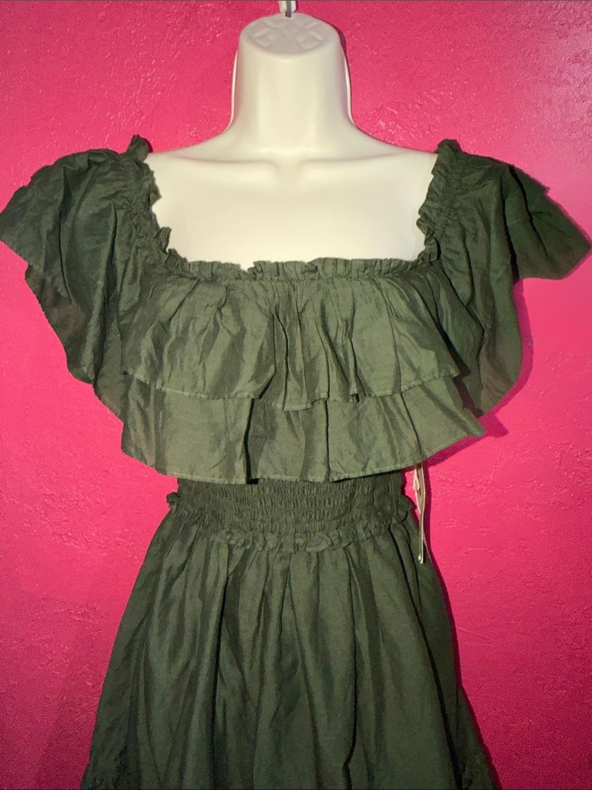 NWT Happy X Nature Olive 100% cotton ruffled smocked boho mini dress. Sz S