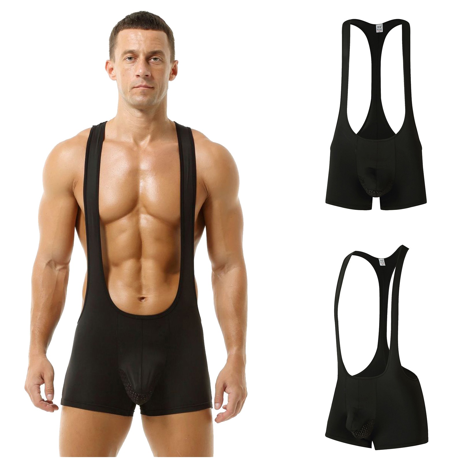 Men’s Bodysuit Fitness Jumpsuit Deep U-Neck Wrestling Singlet Base Layers Gym