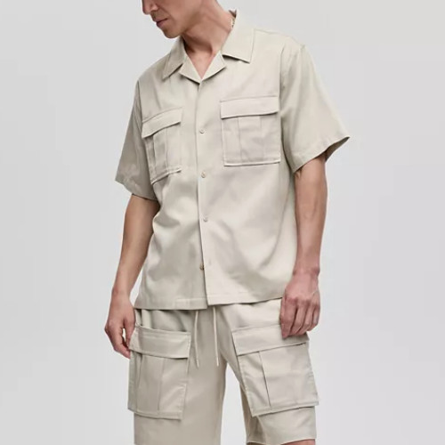 Mode of One Men’s Size Medium Camp Collar Twill Shirt Khaki/Tan Pocket Button