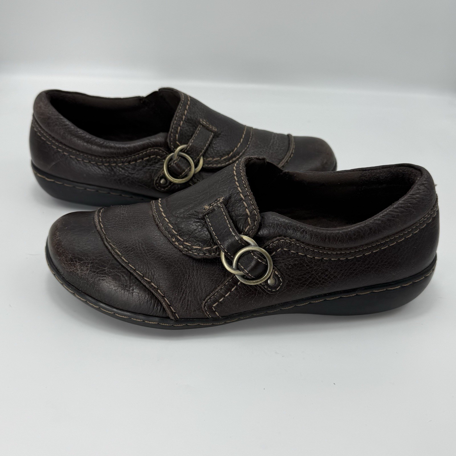 Clarks Ashland Indigo Brown Leather Casual Slip On Loafers Ladies Size 8.5