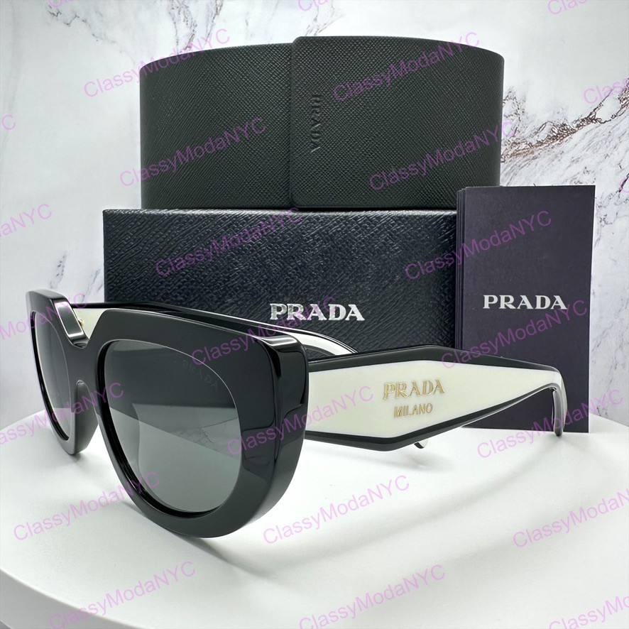 PRADA Sunglasses New Black White Gold Symbole Cat Eye Womens w/ Box & Case