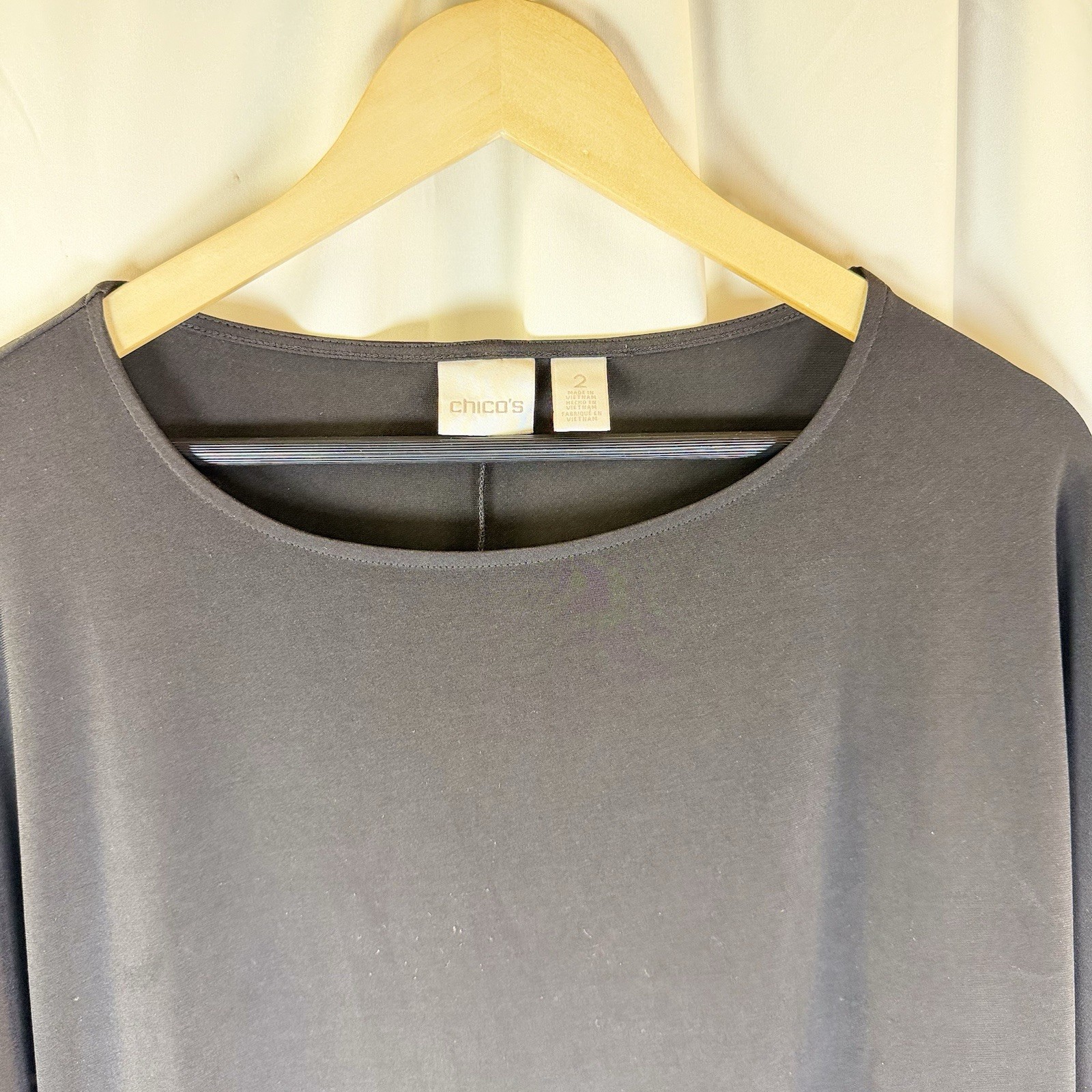 CHICO’S WOMEN’S TOP BLACK 3/4 DOLMAN SLEEVE STRETCH POLYESTER SPANDEX SIZE 2 M