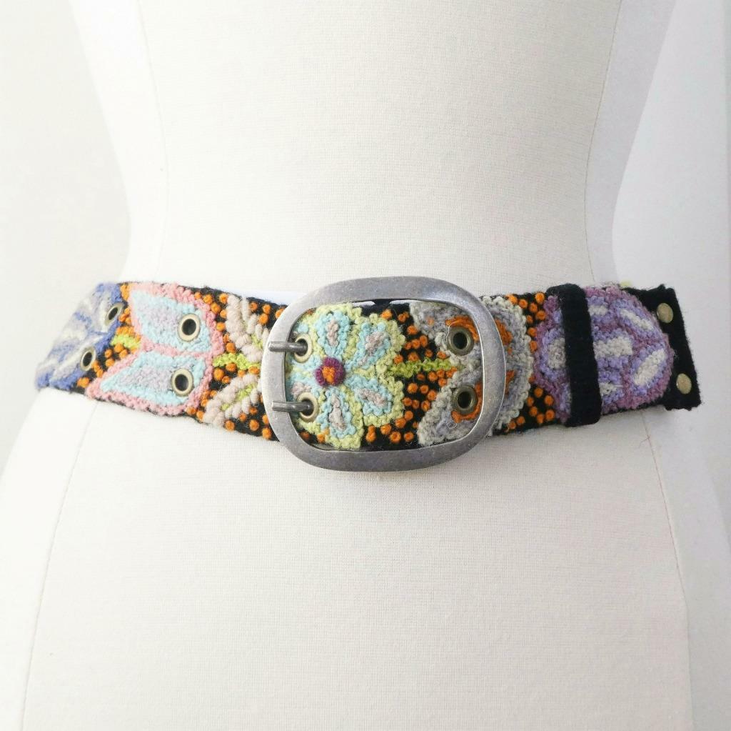 New Jenny Krauss Cute Floral Embroidered Wool Belt In Black Handmade Peru S M L
