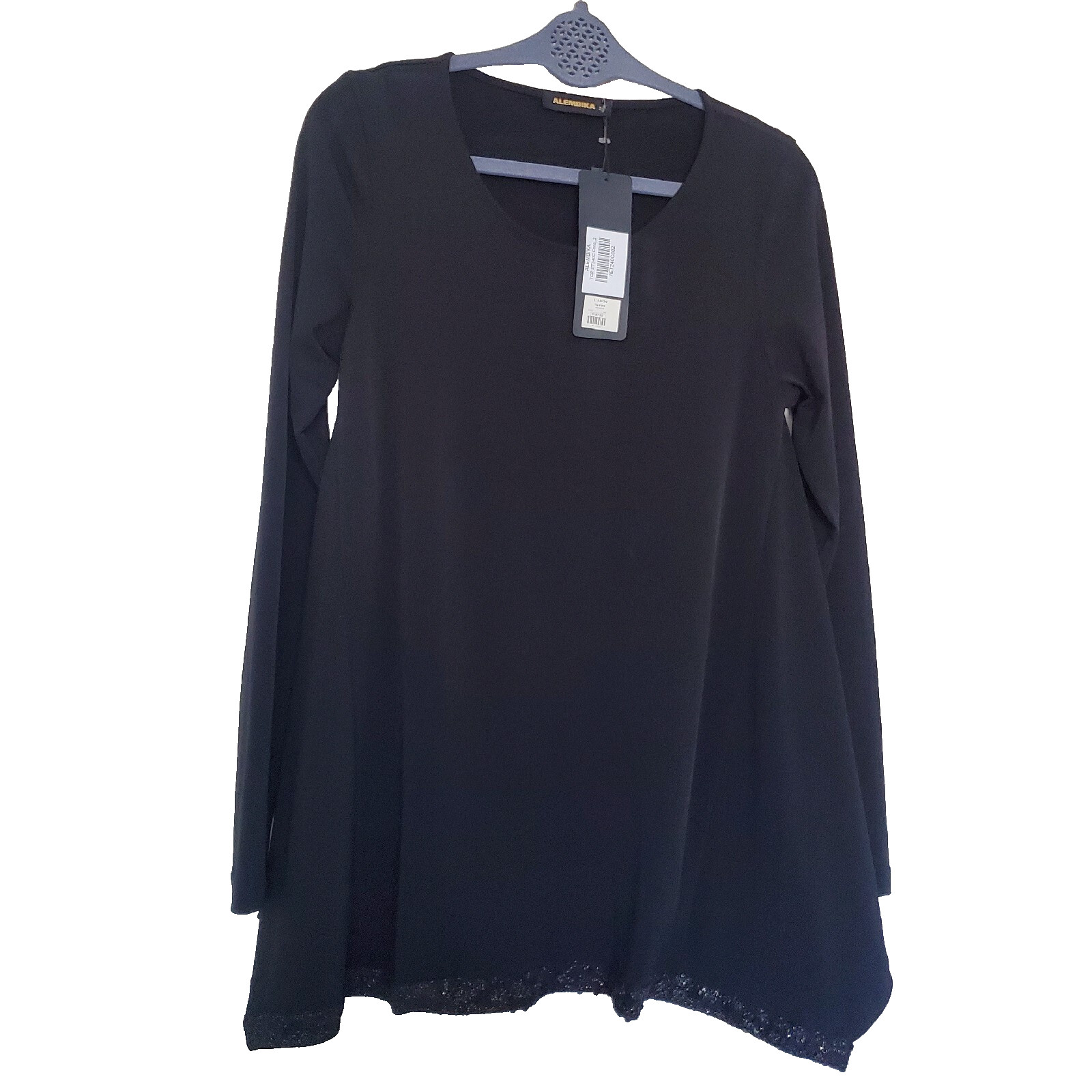 Alembika Top Tunic Coco Black Lagenlook Artsy Stretchy Size 2 US 10 Sparkly Edge