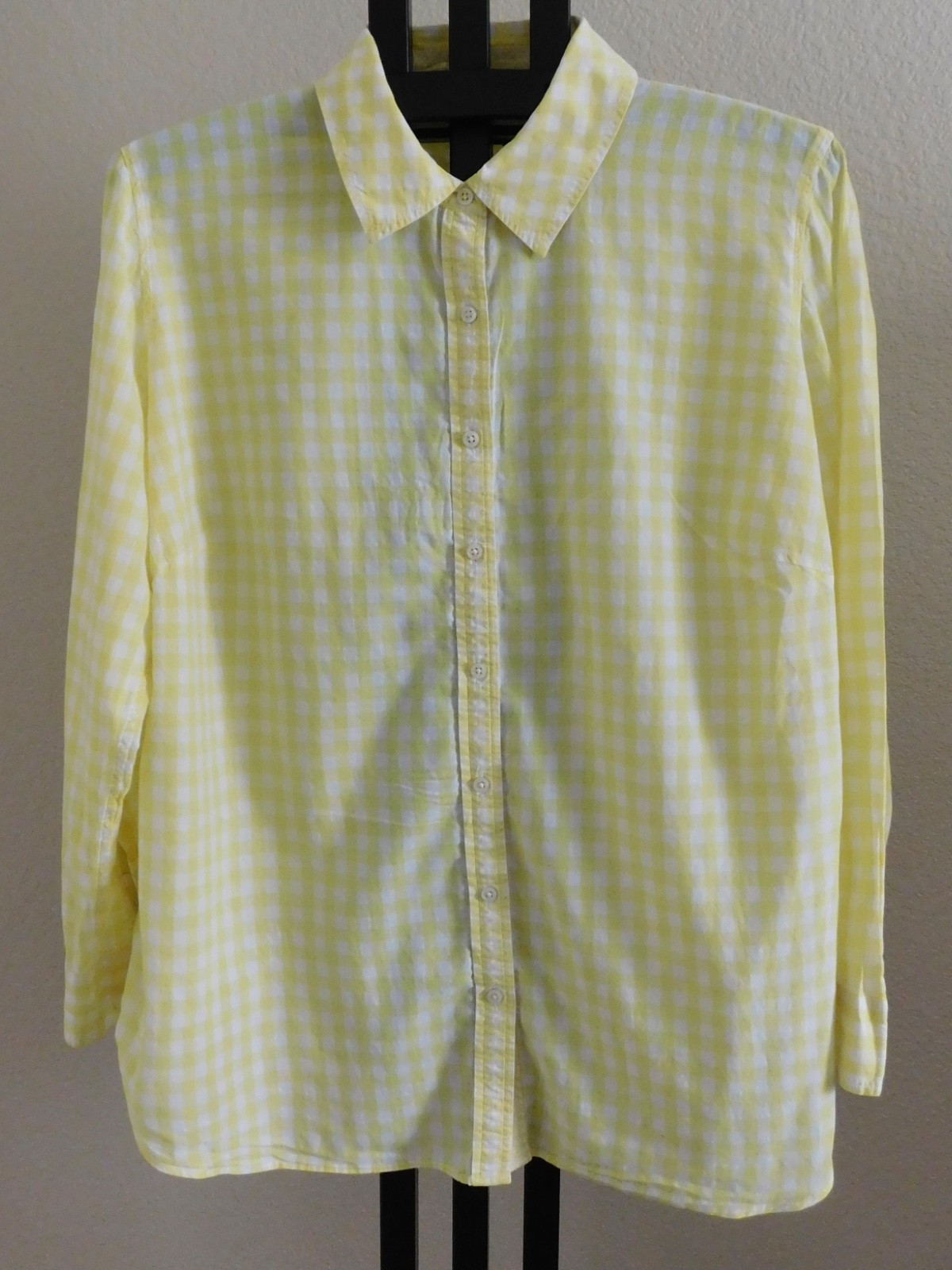 Talbots Woman 2X Button Down Shirt Yellow White Gingham Check 100% Cotton