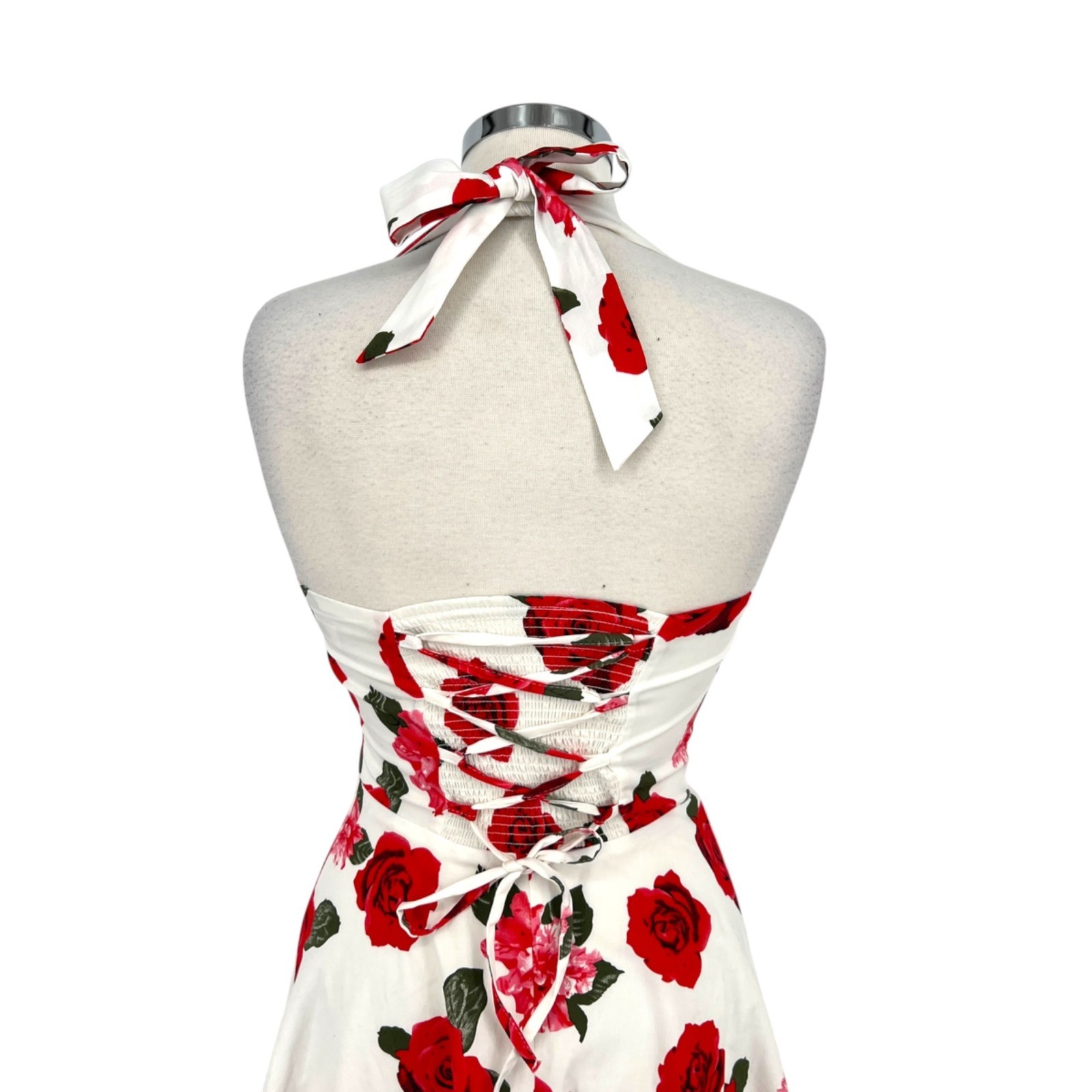 Top Dress Pin-up Retro 50s Rose Halter Swing Dress White Red Size Small