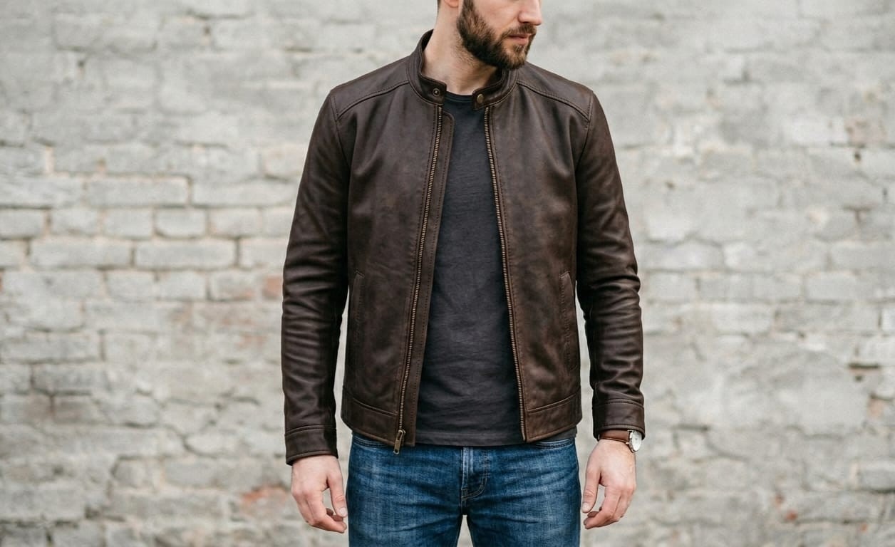Mens Genuine Leather Jacket Brown Cafe Racer Motorcycle Biker Slim Fit Coat