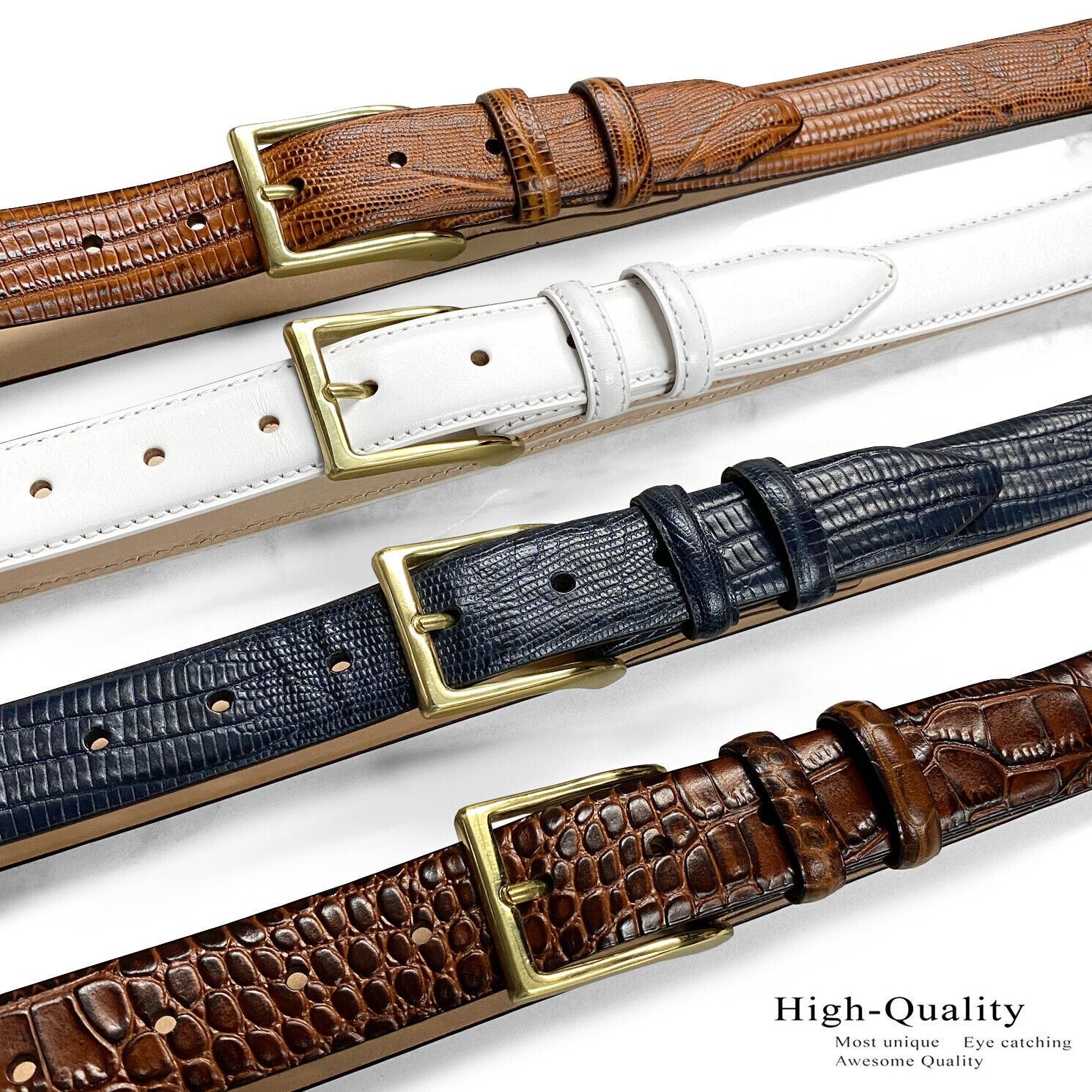 Adam Gold Buckle Italian Calfskin Genuine Full Leather Dress Belt 1-1/8″ Wide