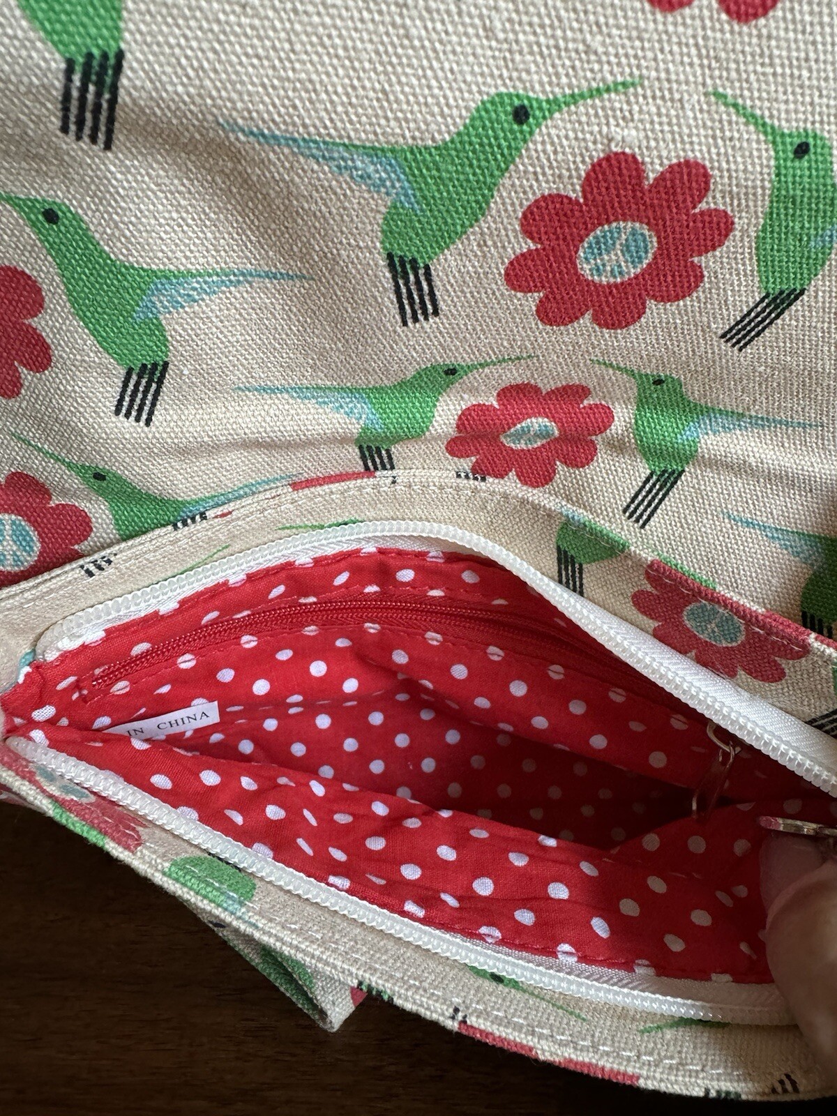 Bungalow 360 Green Hummingbird & Red Flower Print Peace Wristlet Bag Purse