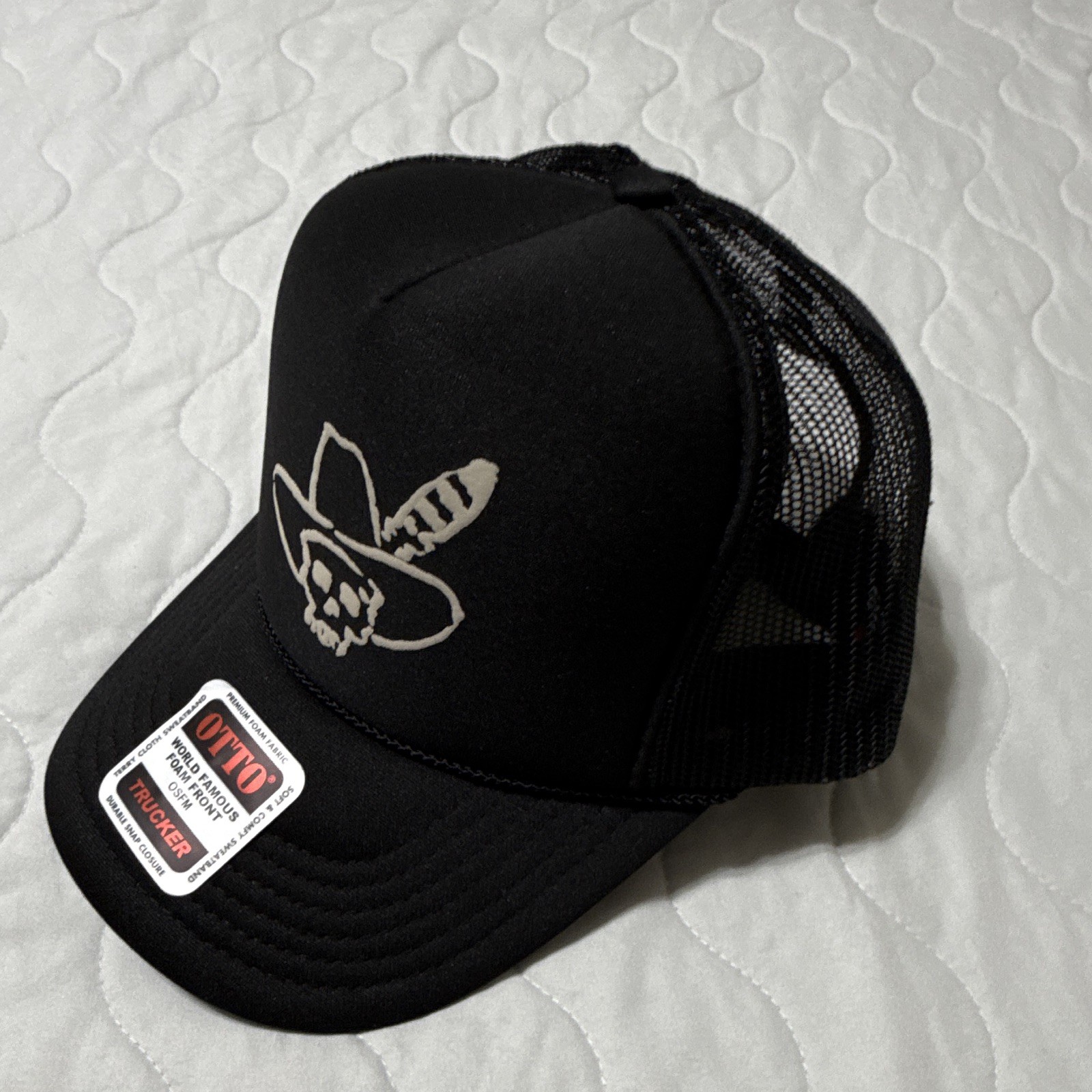OTTO Black Trucker Hat Mesh Back Adjustable Snapback Skull Graphic One Size