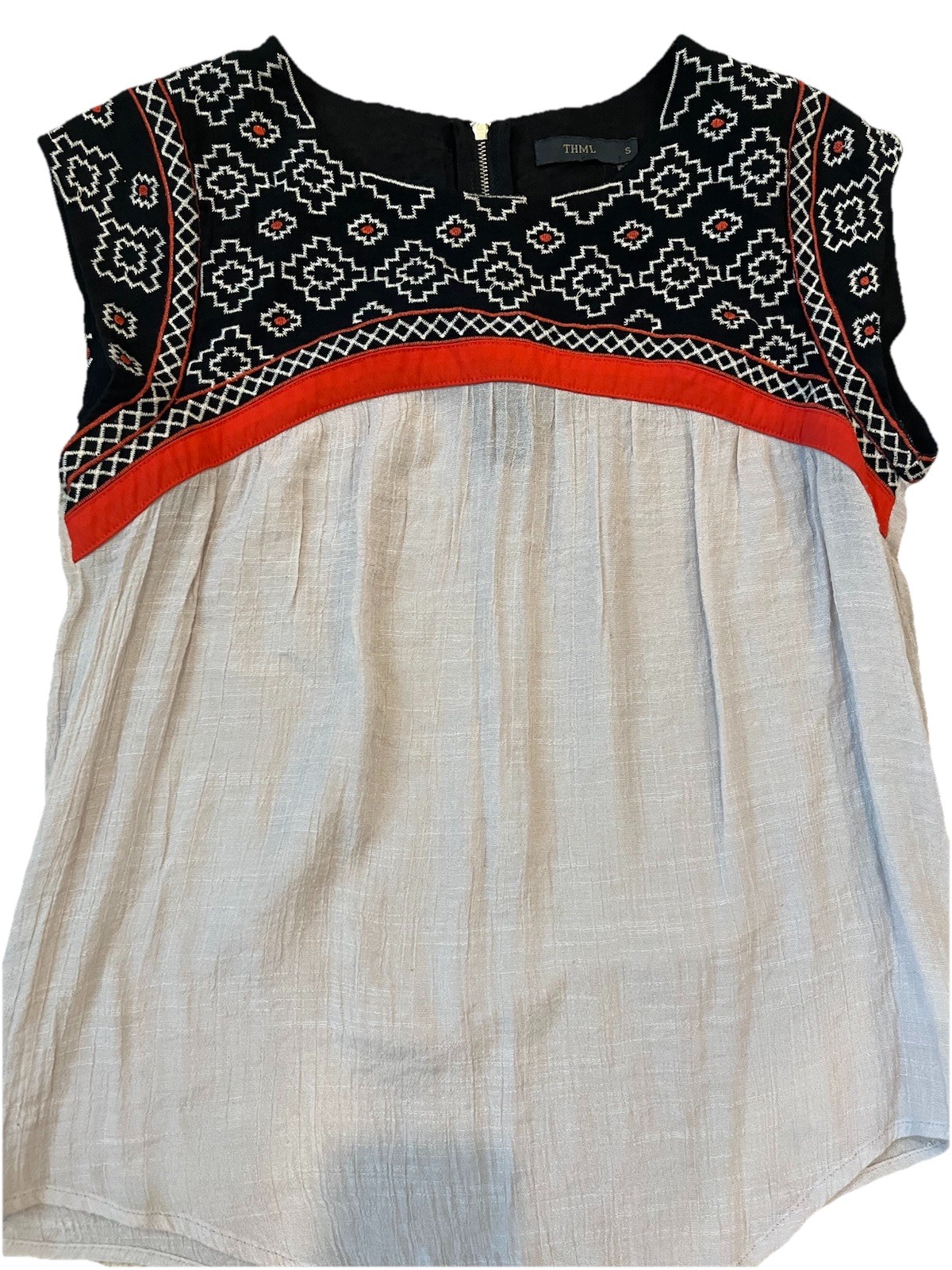 🌸THML Anthropologie Small Tan Black Orange gauze Embroiderd Cap Sleeve Top