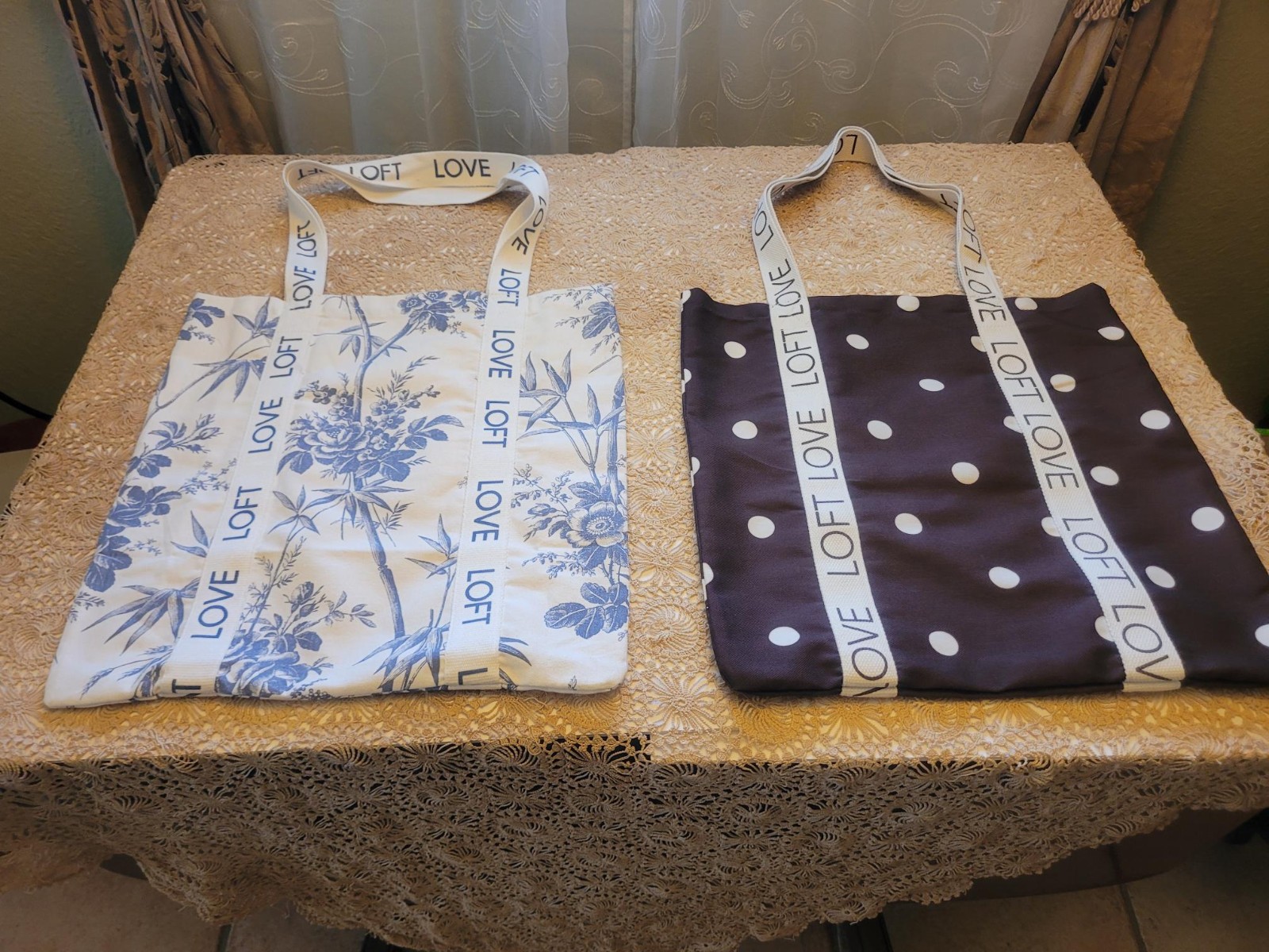 Two Loft Canvas Tote Shopping Bag Blue Floral & 1-Brown w/White Polka Dot