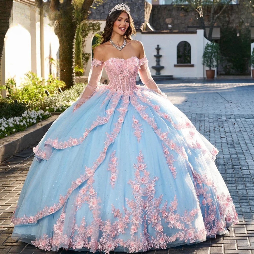 Off Shoulder 3D Floral Applique Ball Gown Quinceanera Dresses With Sheer Sleeves