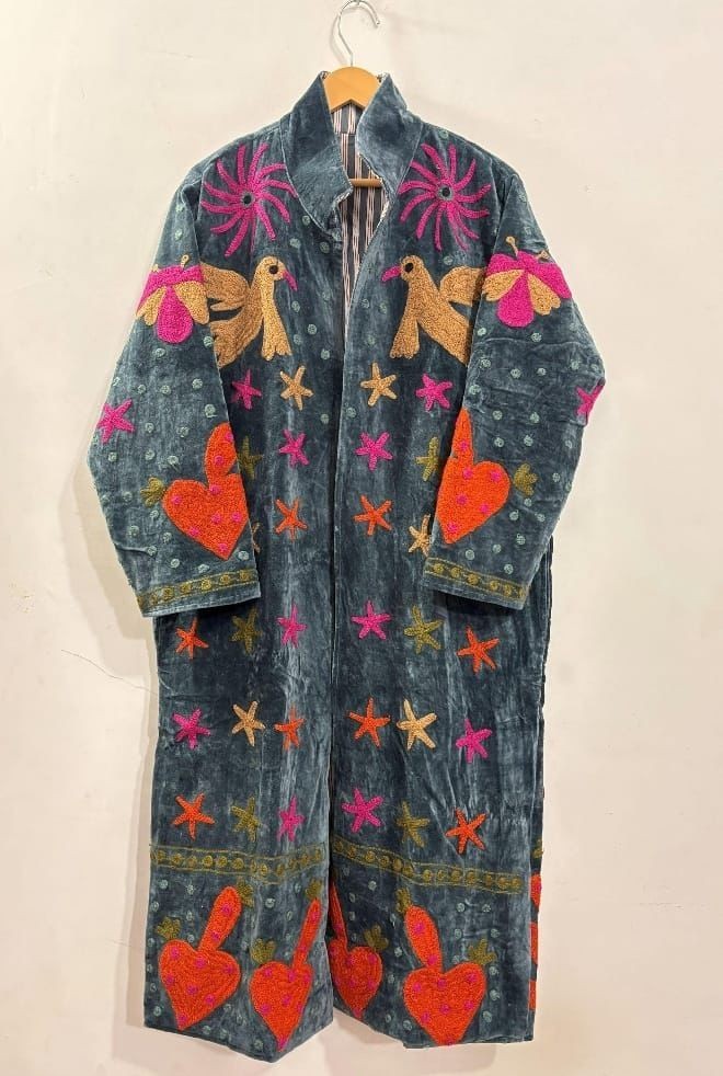 Boho Velvet Embroidered Kimono Coat Duster Jacket Sacred Heart Evil Eye One Size