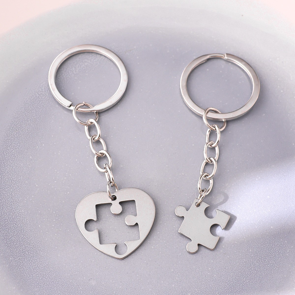 Set of 2–Hollow Out Heart Puzzle Keychain–Stainless Steel–For Couples