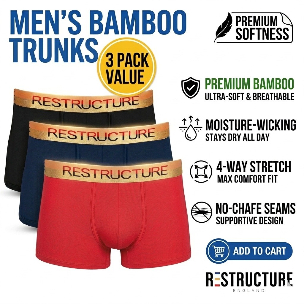 Organic Bamboo Mens Boxer Trunks 3 Pack Breathable Soft Underwear – Medium
