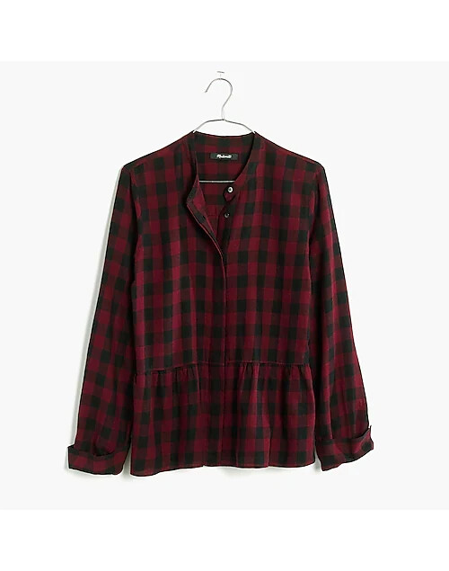 Madewell Lakeside Peplum blouse red/black buffalo check button-down top Large