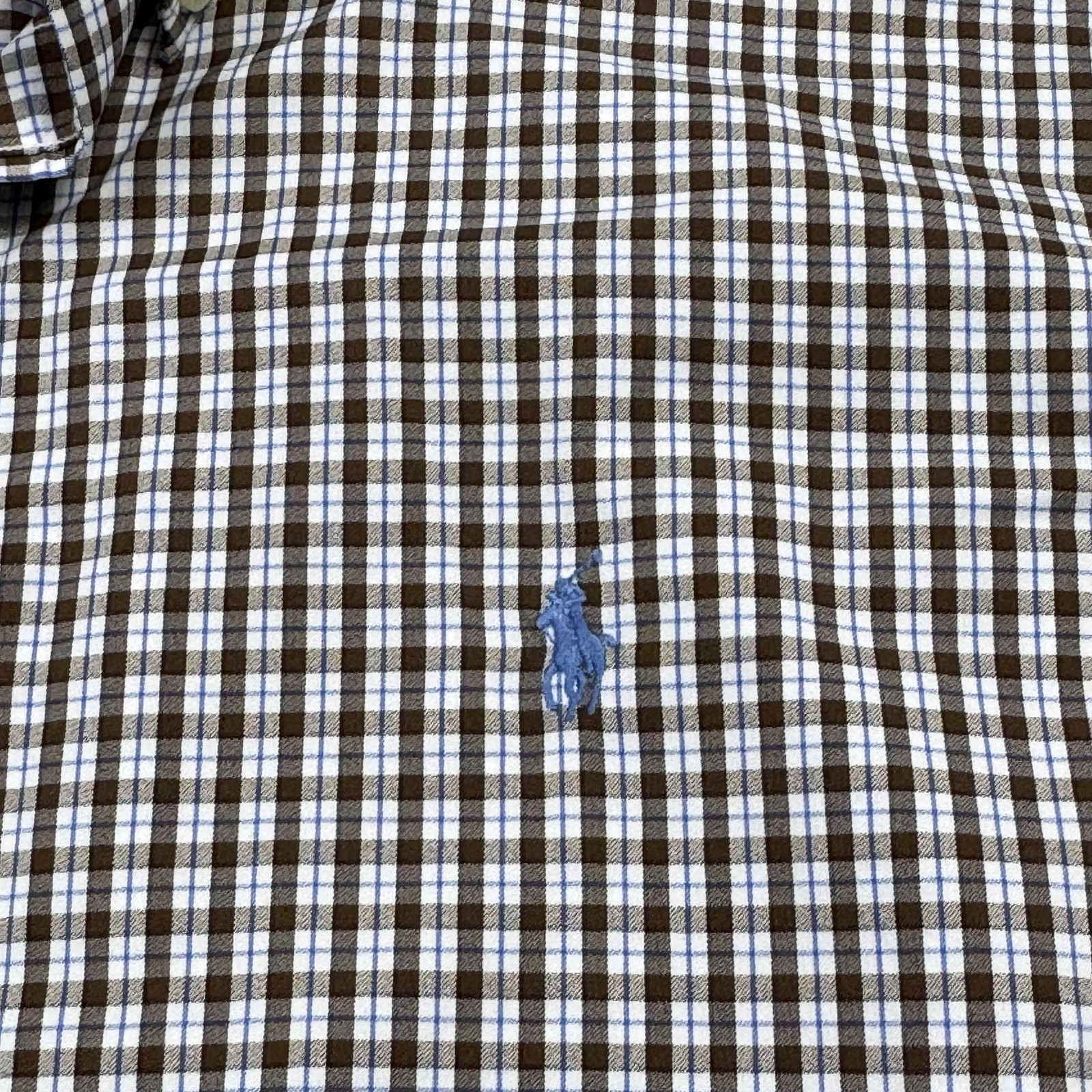 Ralph Lauren Button Shirt Mens Large Brown Blue Plaid Nylon Elastane Long Sleeve