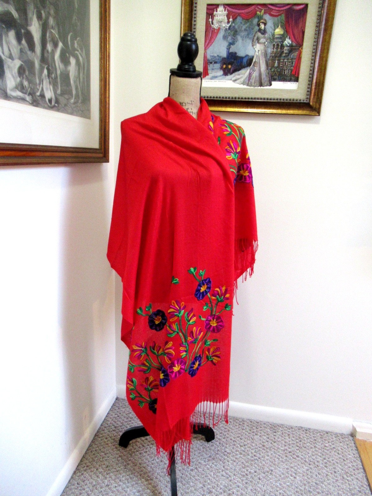 MEXICAN EMBROIDERED SOFT FRINGED SHAWL REBOZO WRAP 76 X 28 – MADE in MEXICO