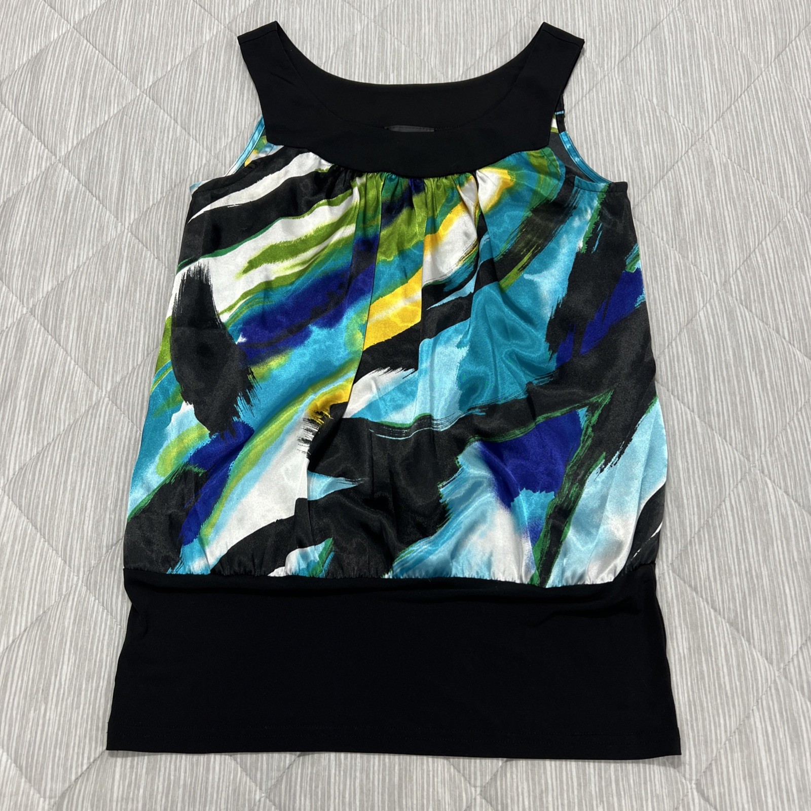 B Wear Tank Top Blouse Womens Small Black Sleeveless Colorful Stretch Artsy Boho