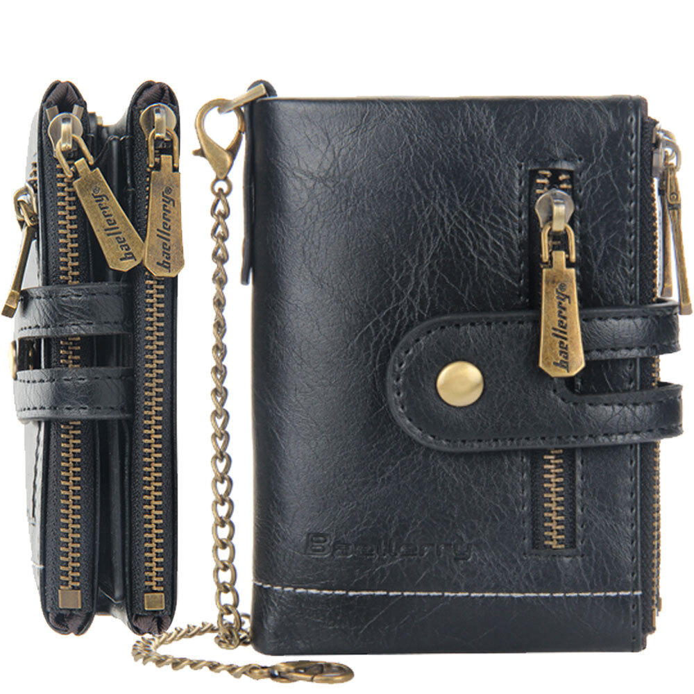 Wallet with Chain Man Leather Biker Trucker Bifold Anti-theft Double Zip Purse