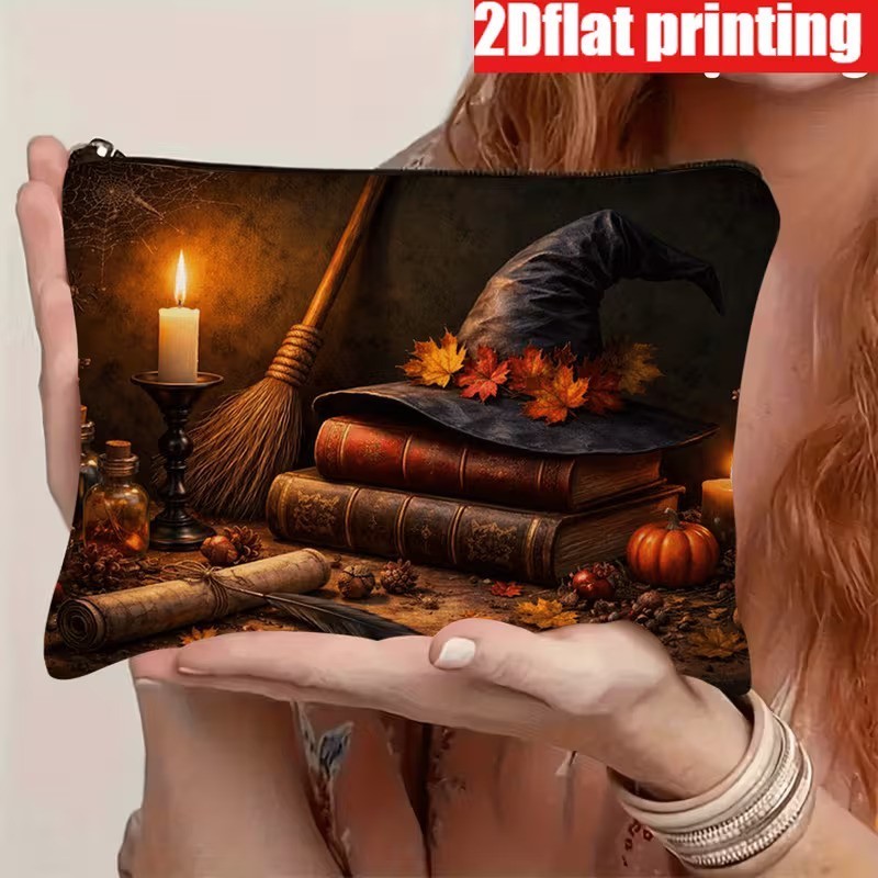 Halloween Dark Goth Witch Hat and Books Makeup Bag Double-Sided 7.1″h” x 10.2″w