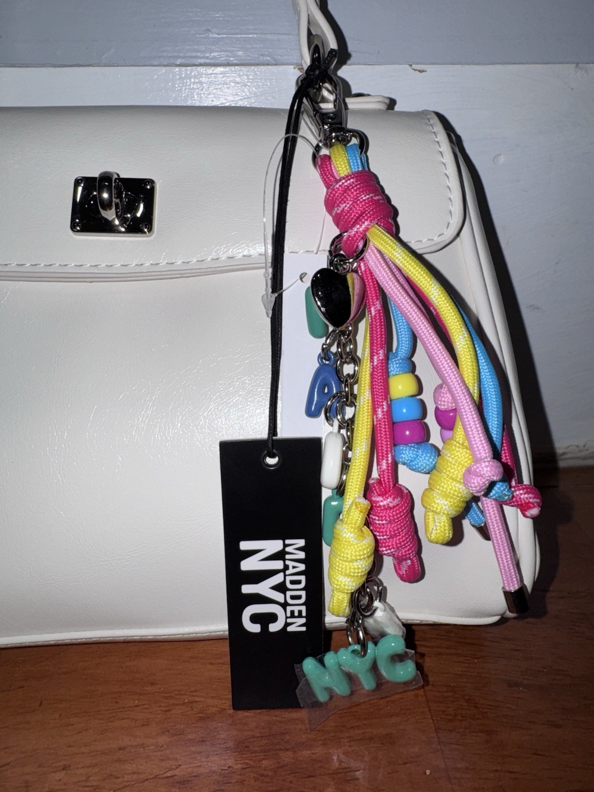 Madden NYC White Medium Satchel Top Handle Bag, Zip/Turn Lock, Charm