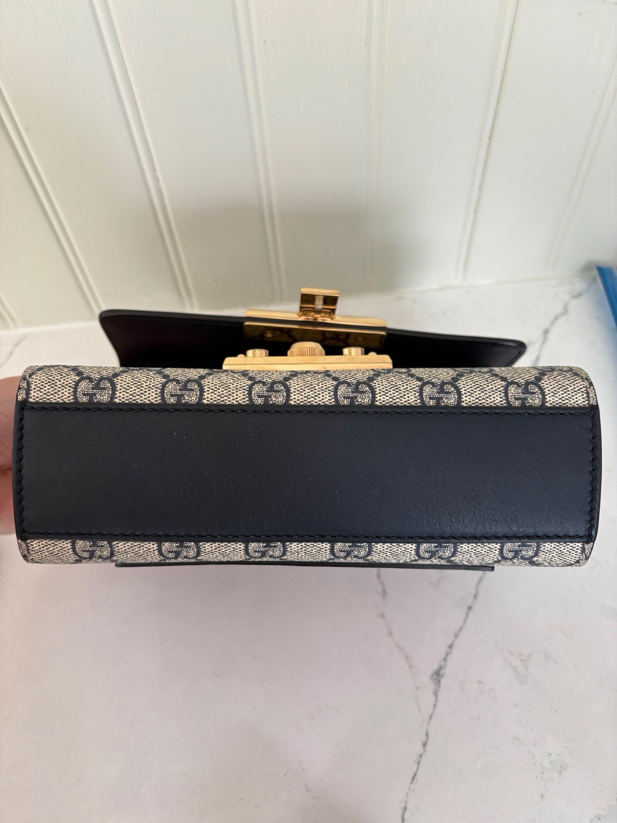 Gucci GG Monogram Padlock Blue Small Shoulder Bag Chain Strap Gold Hardware