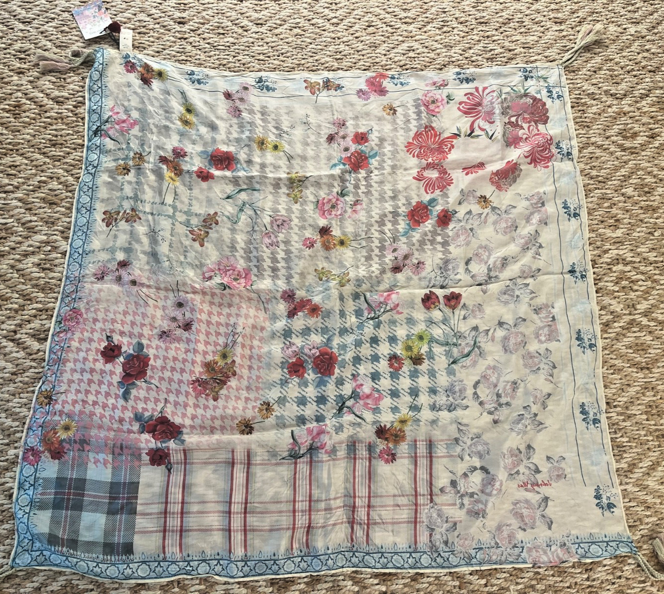 Johnny Was Silk Scarf with Tassels FOUR SEASONS New w Tags Floral Houndstooth