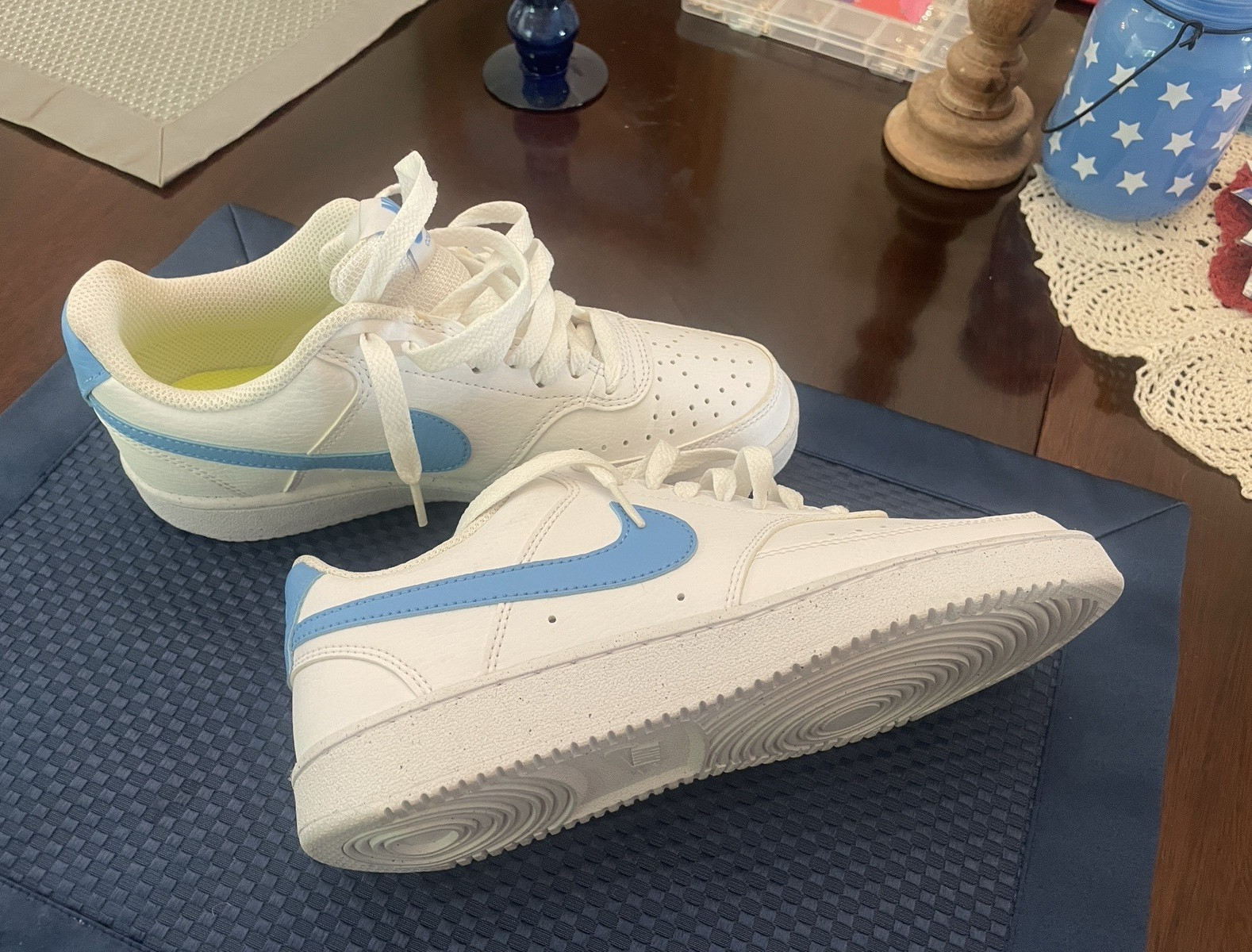Nike Court Vision Low GS Leather Low Top Sneakers White/Blue US 6.5 Y, Women’s 8