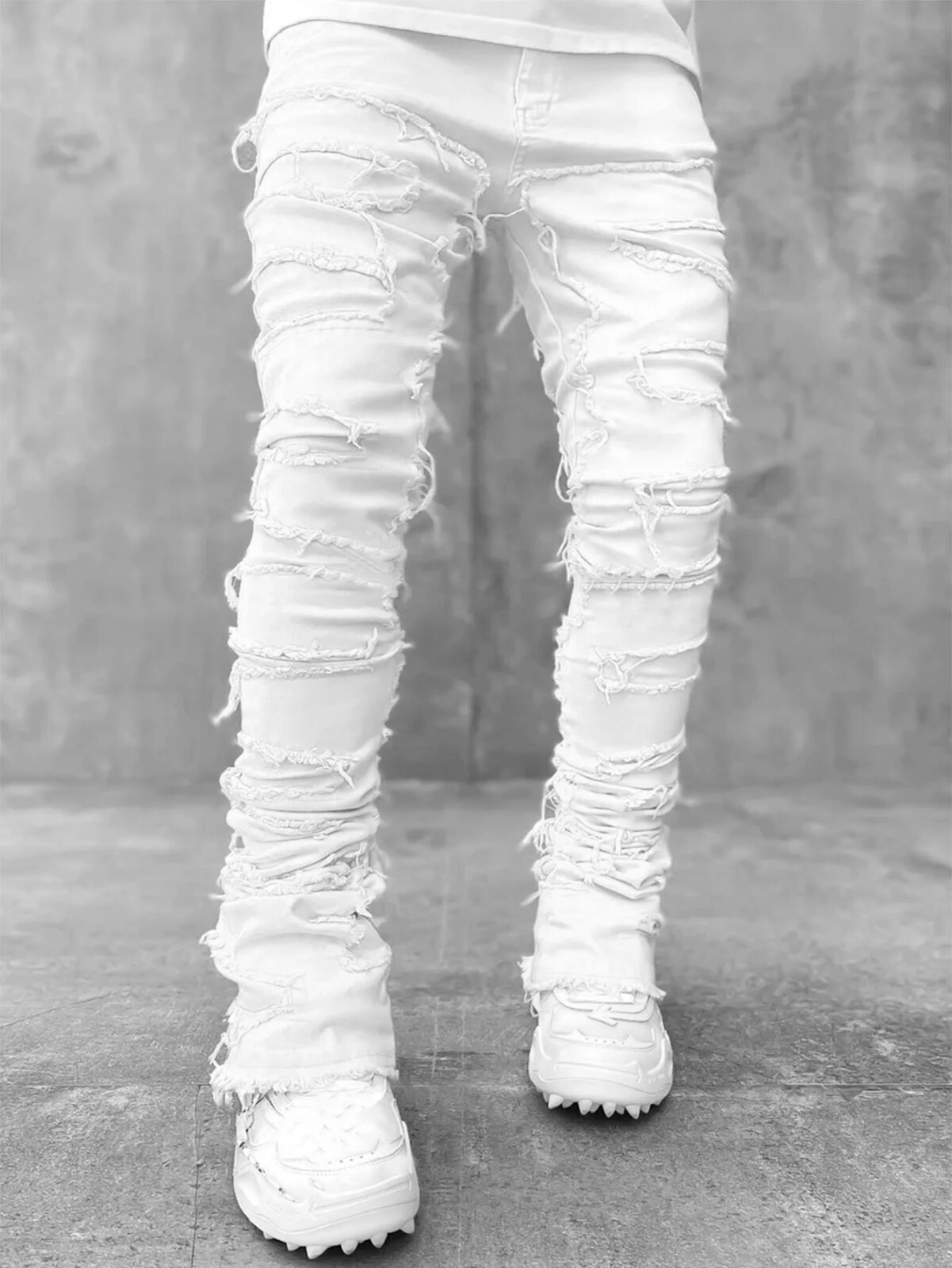 Men Fashion Jeans Street Stretch Patch Skinny Denim Straight Stacked Slim Pants