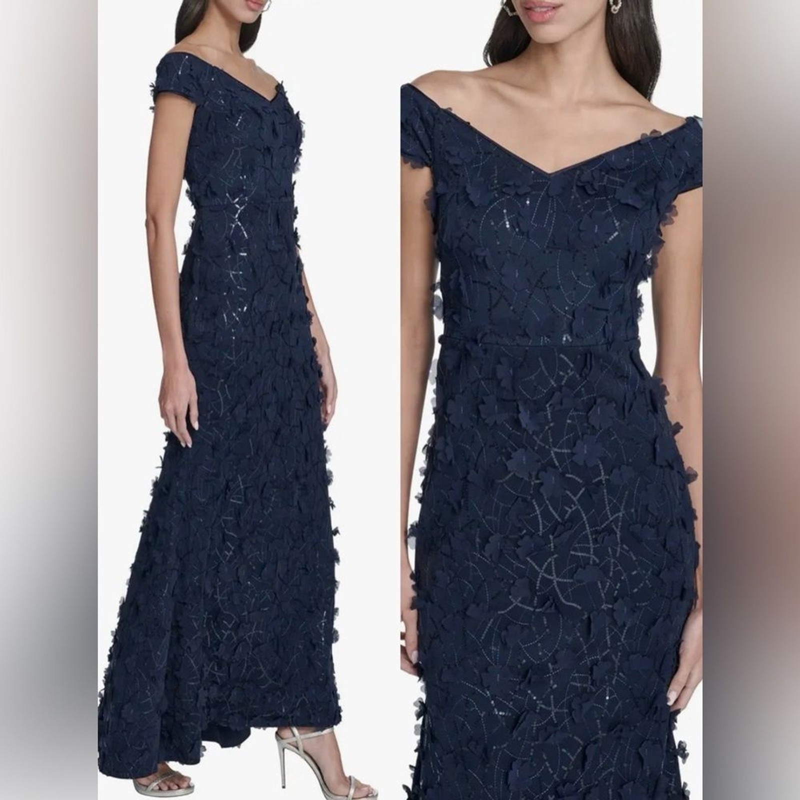 NEW Eliza J 3d floral Appliqué Off The Shoulder mermaid navy Gown sz 4
