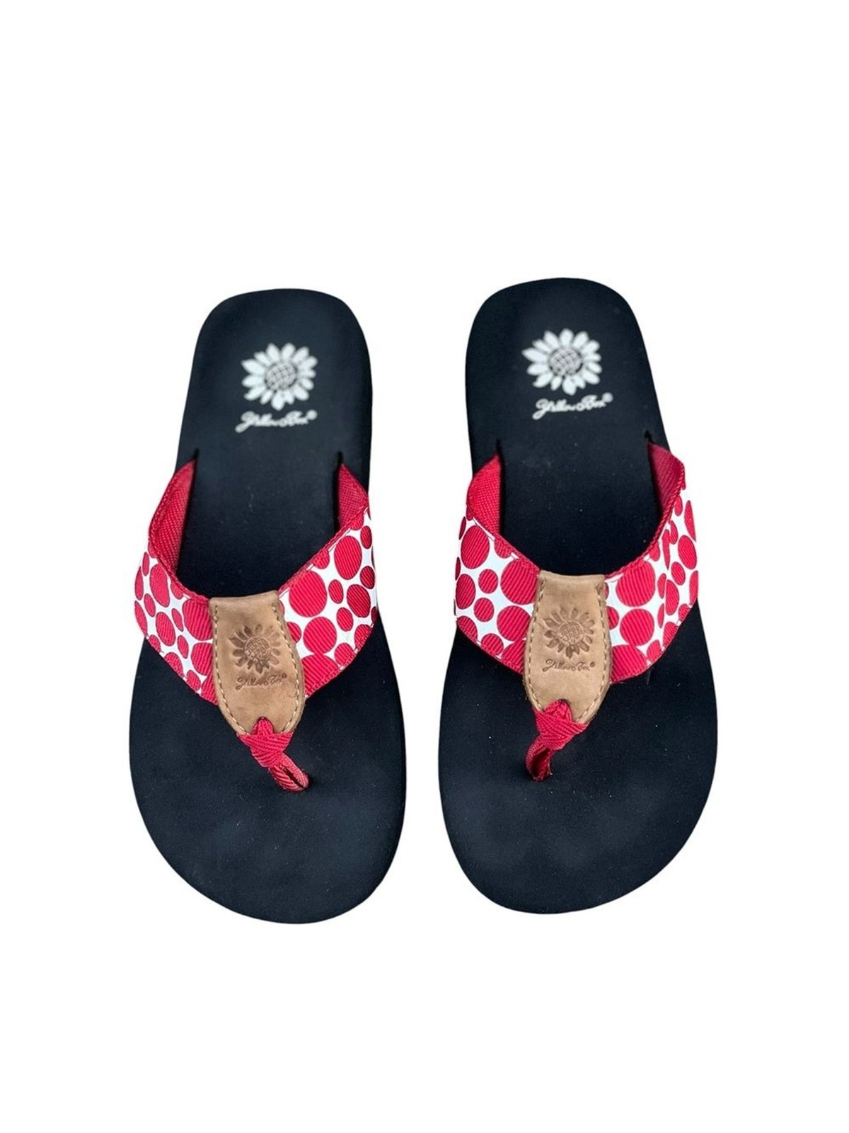 Yellow Box Red and White polka dot flip flops