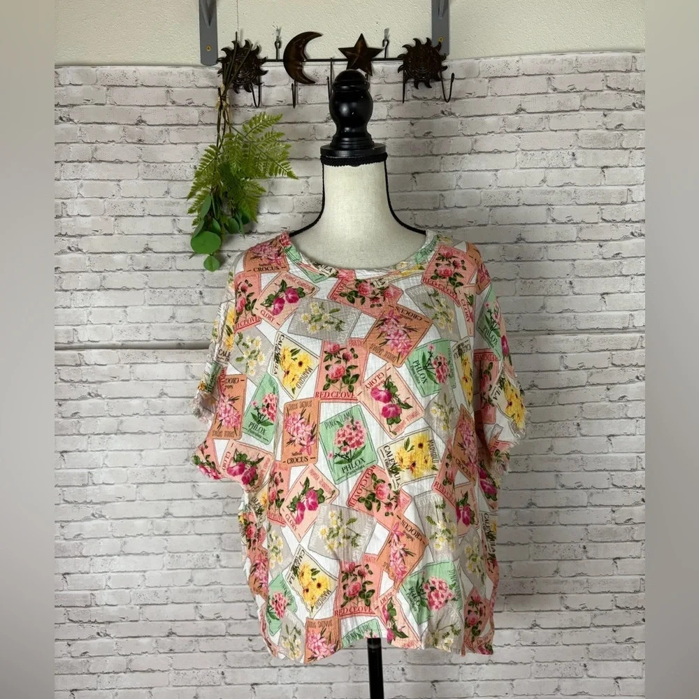 Coldwater Creek Vintage Floral Seed Packs Boxy Gauze Top Size XL