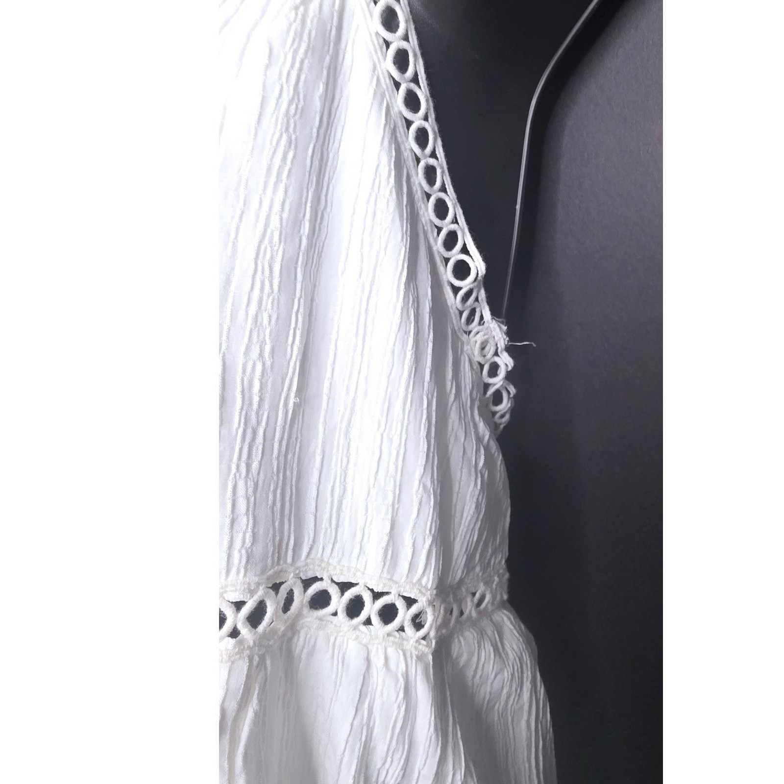 Lulus Ivory Crinkle Gauze Crochet Trim Tiered Maxi Dress Lace Up Back Medium NWT