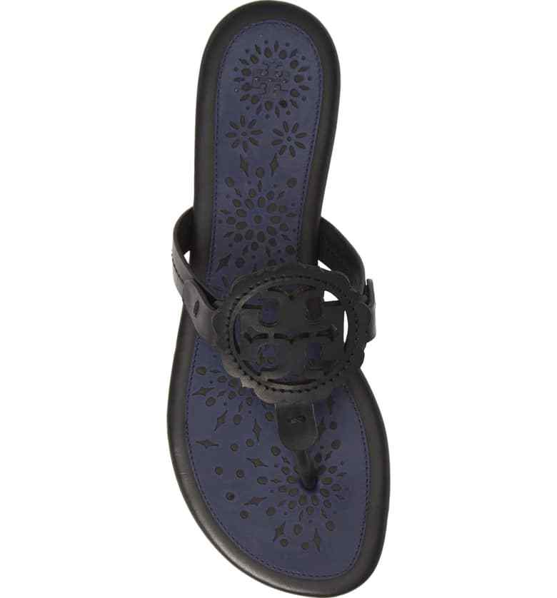 NIB Tory Burch Miller Leather Scallop Logo Flat Sandal Thong Black $228
