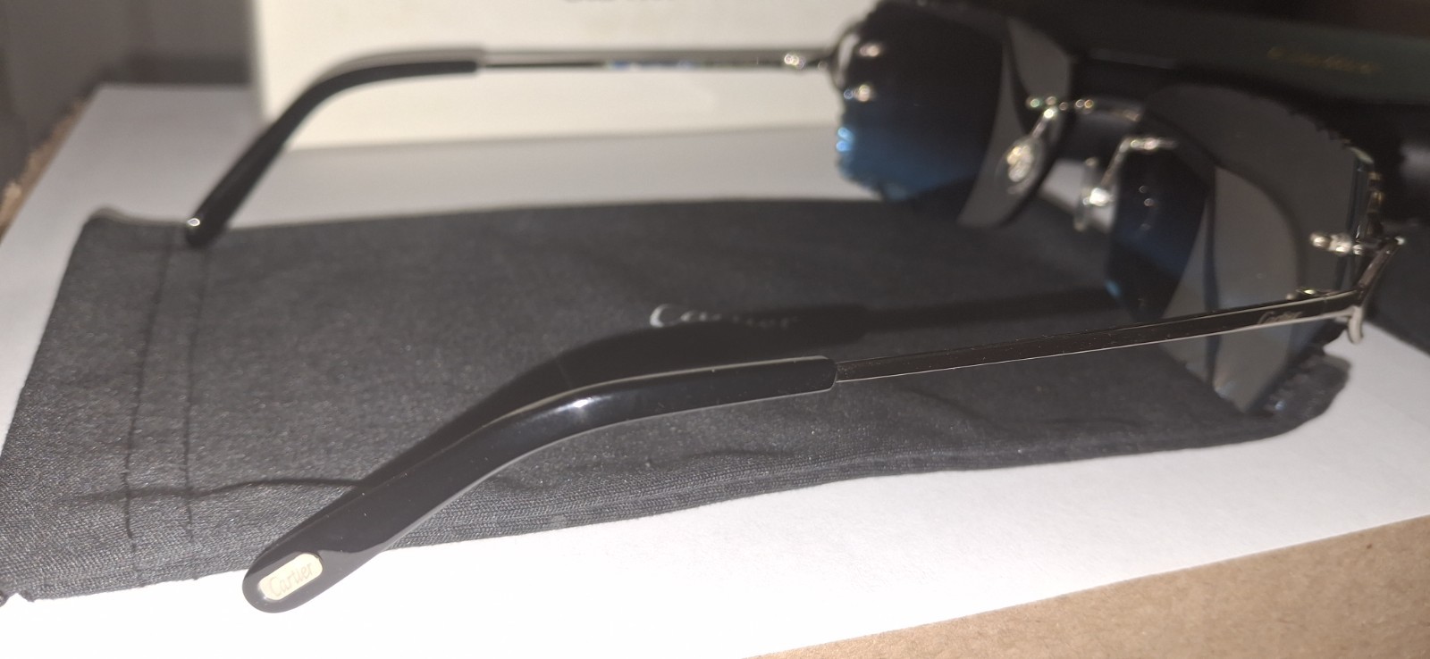 Cartier Rimless Big C Sunglasses Gradient Black & Blue Lenses Silver Frame