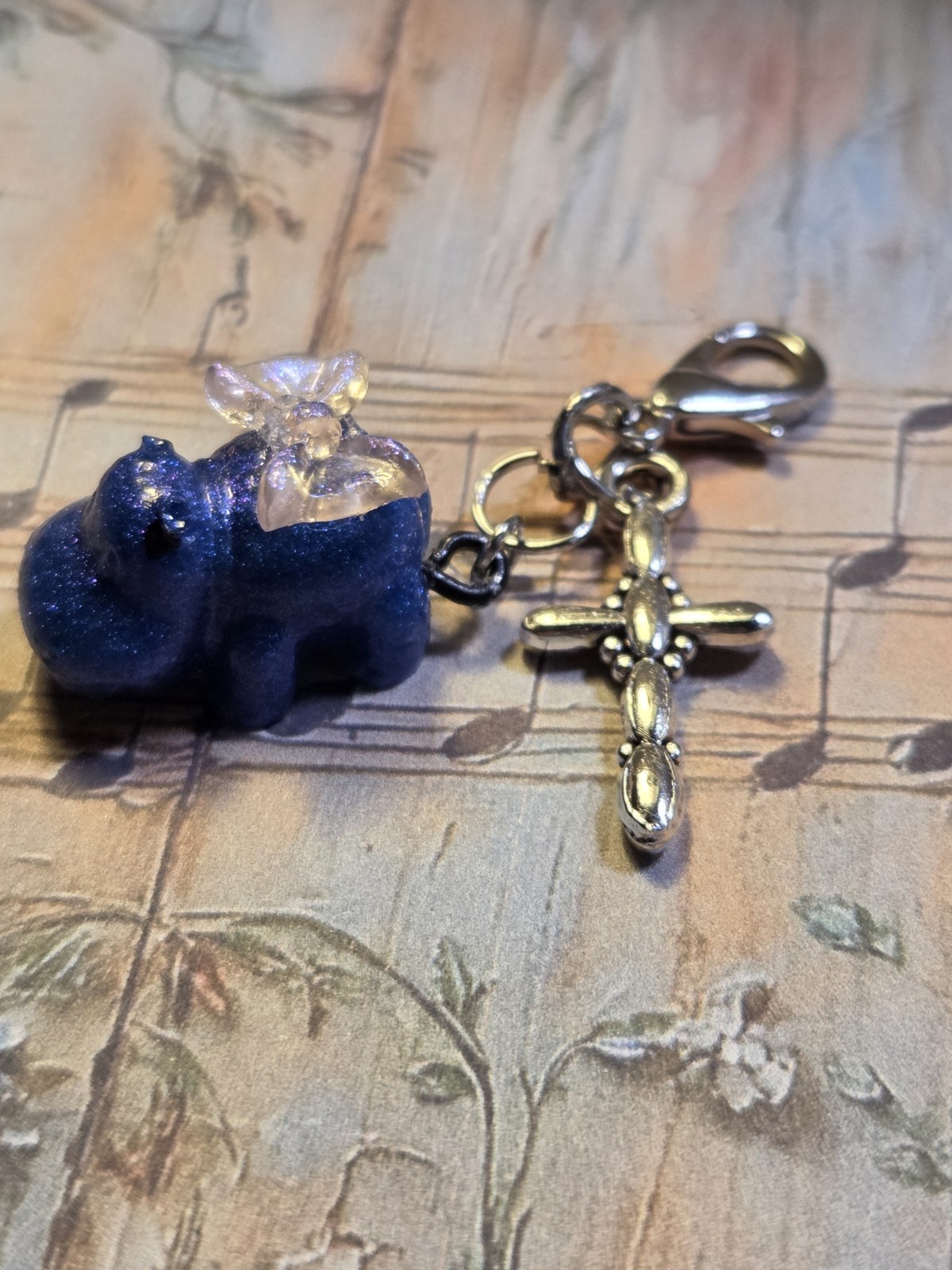 Handmade Blue Glitter Hippo Resin Charm Key Chain w/Cross Pendant, Lobster Clasp