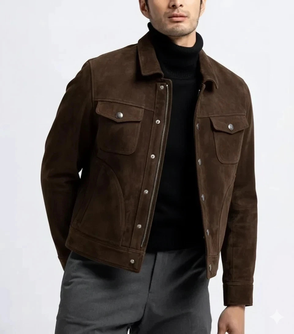 Men’s Brown Real Suede Leather Jacket Custom Size Biker Vintage