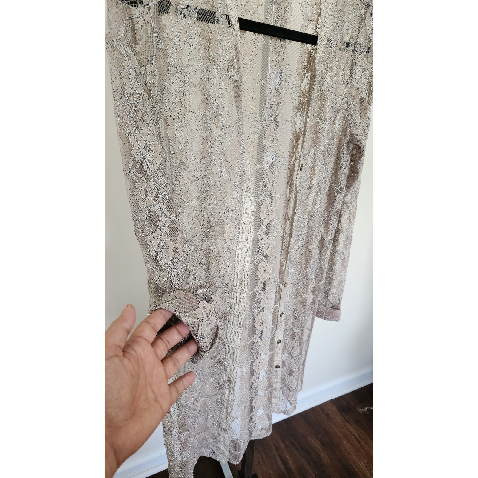 Mystree Women Beige Metallic Lace Sheer Button Down Cardigan Quiet Luxury