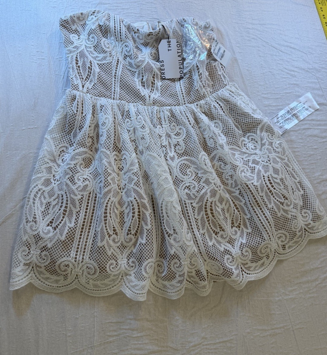 The Dress the Population Ivory Floral Lace Fit & Flare Strapless Lined Short XL