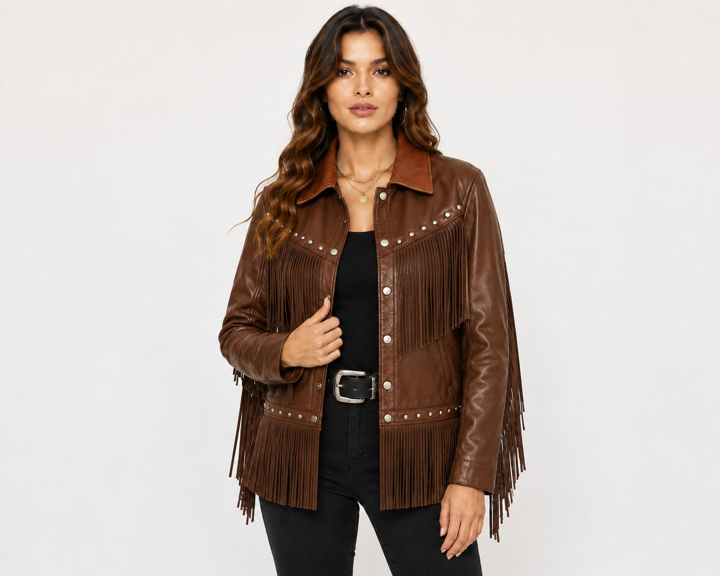 Womens Brown Leather Fringe Jacket – Western Studded Cowgirl Vintage Button Coat