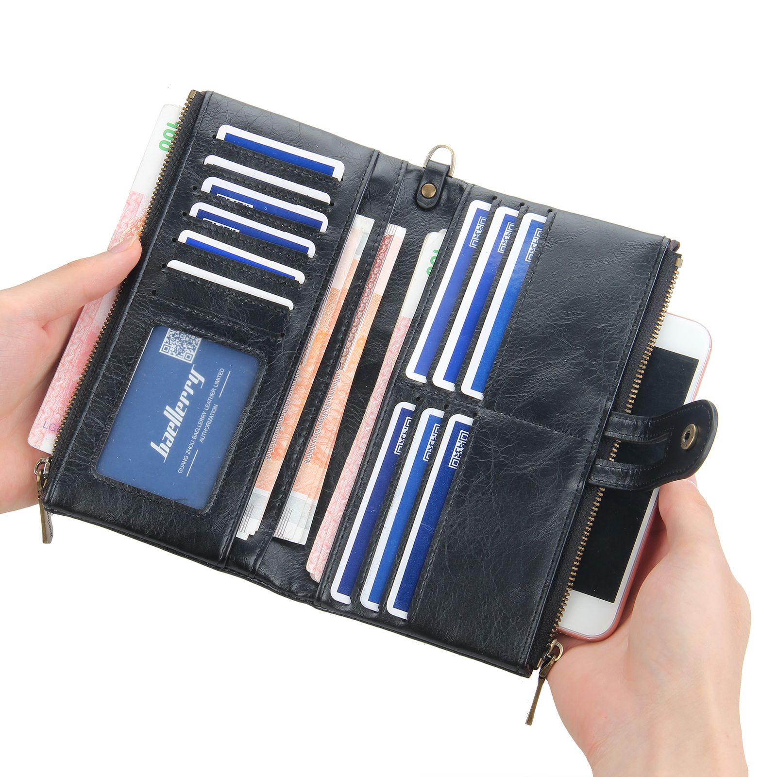 Mens RFID Wallet with Anti-Theft Chain Large Capacity Double Zipper Phone Purse
