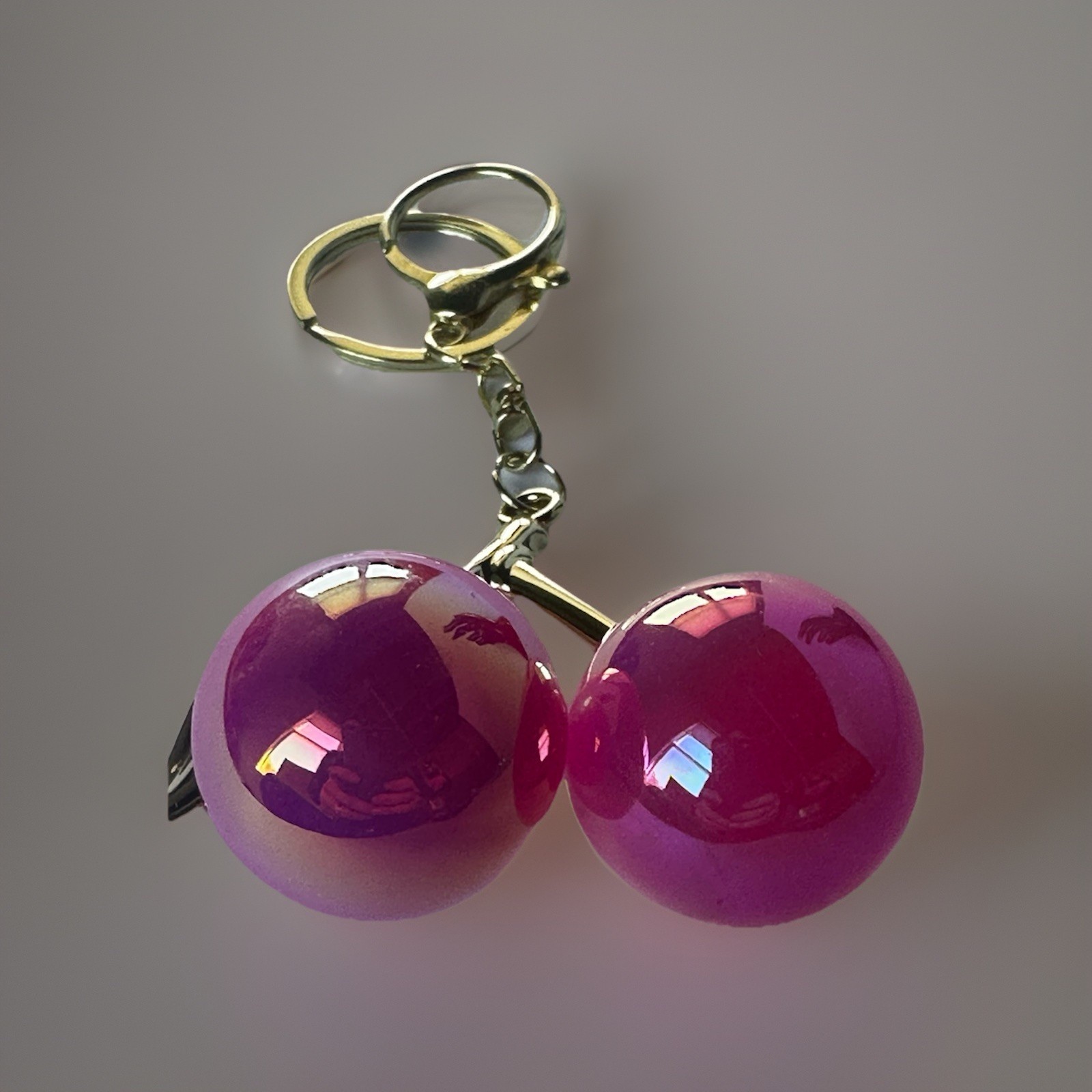 Iridescent Gloss Mirrored Cherry Bag Charms Keychain Gold + Velvet Dustbag