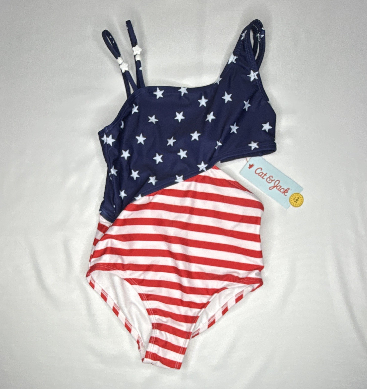 Cat & Jack Girls Blue/Red/White Patriotic Stars One Piece Swimsuit M (8) UPF 50+