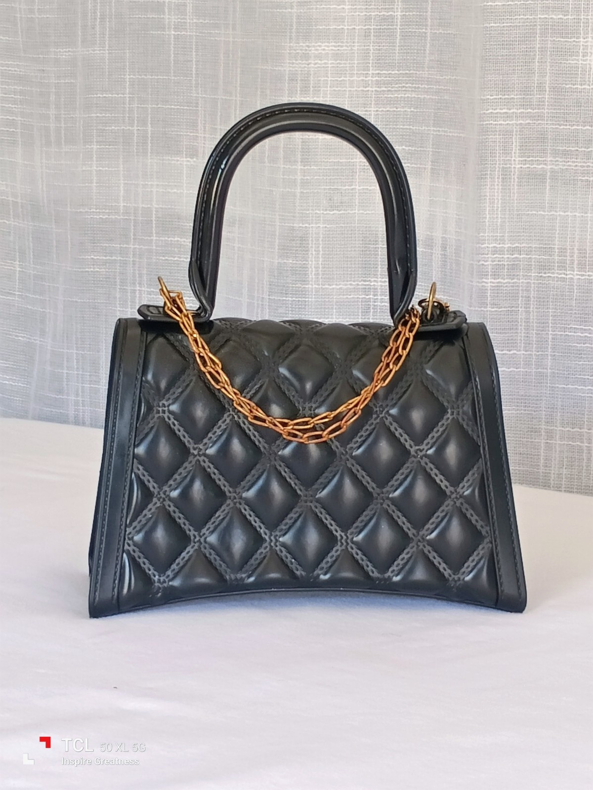 Black Quilted Turn Lock Top Handle Satchel with Gold Chain & Detachable Strap